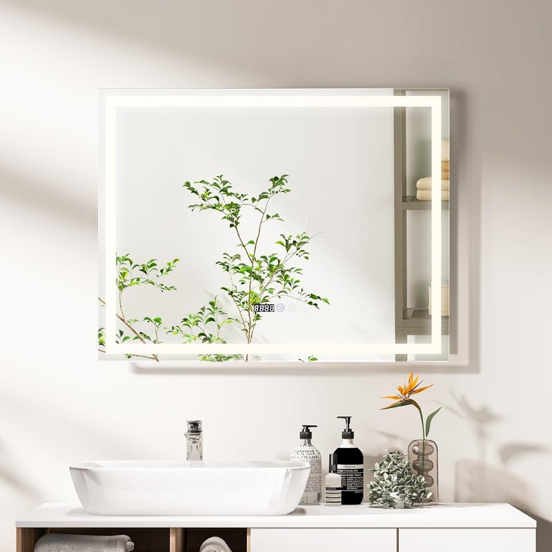 Lustro Ścienne do Łazienki LED z Funkcją Przeciwmgielną, z Przełącznikiem Dotykowym, 3 Kolory, Regulowana Jasność, Prostokątne