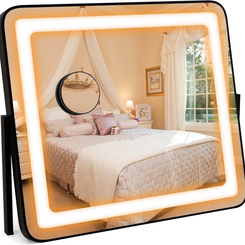 Lustro Kosmetyczne LED z Regulowaną Barwą i Jasnością, Obrót o 360°, Lustro Powiększające 5X i Ekran Dotykowy w Zestawie