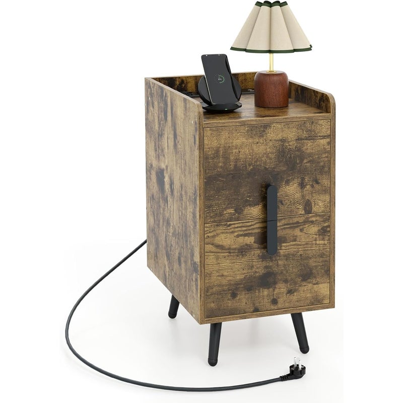 Stolik nocny ze stacją ładującą, wąska szafka nocna z 2 szufladami i portami USB, stolik pomocniczy z metalowymi nogami， salonu, 32 x 40 x 60 cm
