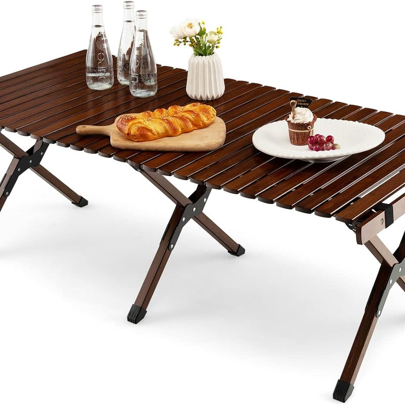 Składany Drewniany Stół Kempingowy, Przenośny Stół Piknikowy z Torbą Transportową, Zwijany Stół Bambusowy, do Ogrodu, Tarasu, Ogrodu (Kawiarnia)