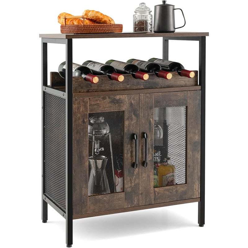 Szafka na wino, szafka kuchenna ze zdejmowanym regałem na wino i wbudowanymi uchwytami na szkło, komoda drewniana, komoda w stylu vintage