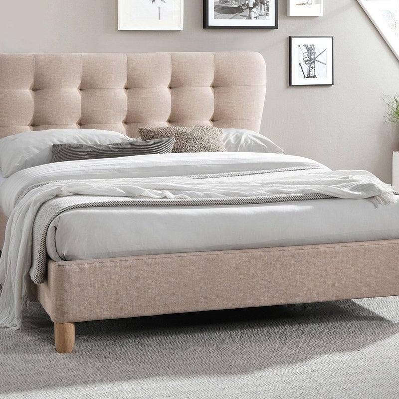 Łóżko 160 x 200 cm z pikowanym zagłówkiem - Tkanina - Beżowy + Materac - ELIDE