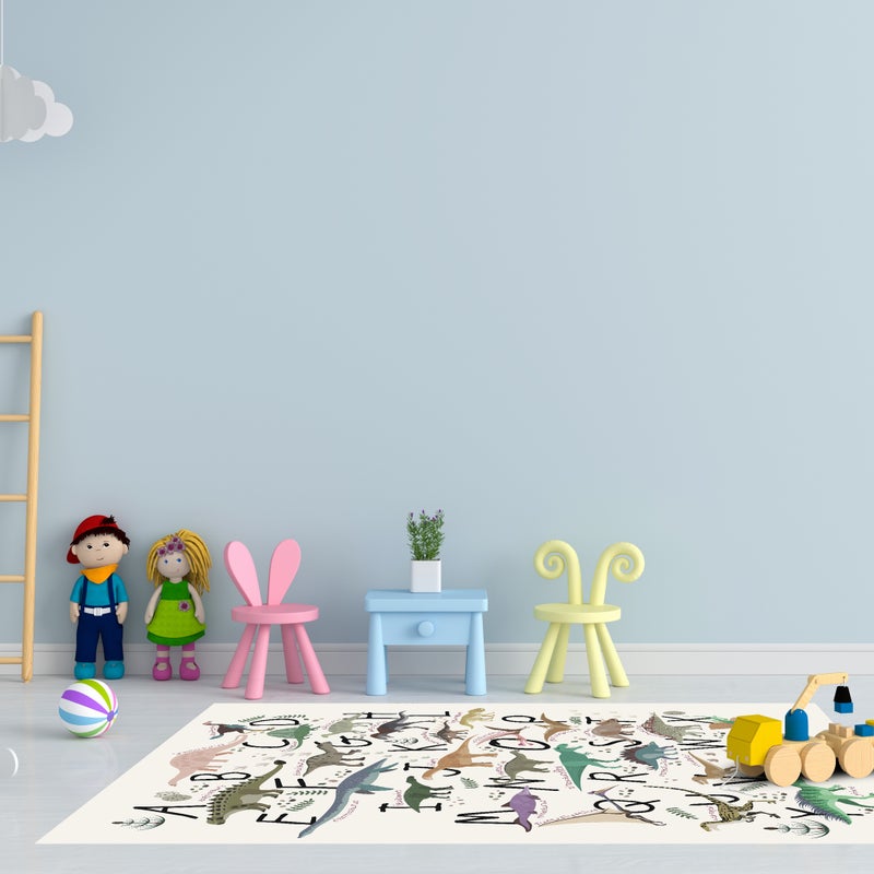 Dziecięcy dywan winylowy Abecedario Dinosaurios 60x120 cm - antypoślizgowy PVC, winylowy do pokoju dziecięcego, ognioodporny i zmywalny