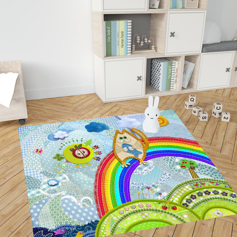 Dywan winylowy dla dzieci Cat Patchwork 120x170 cm - antypoślizgowy dywan z PVC do pokoju dziecięcego, ognioodporny i zmywalny