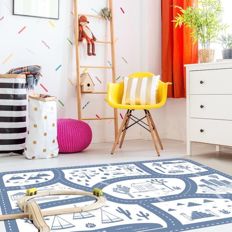 Dziecięcy dywan winylowy Road trip niebieski 133x200 cm - antypoślizgowy dywanik PVC do pokoju dziecięcego, ognioodporny i zmywalny