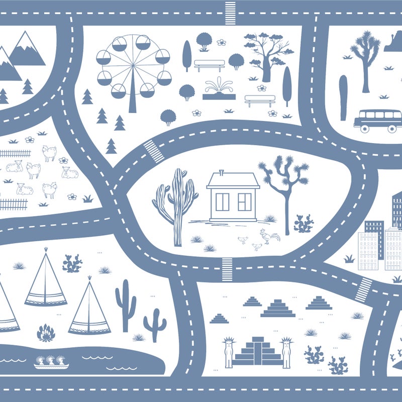 Dziecięcy dywan winylowy Road trip niebieski 100x150 cm - antypoślizgowy dywanik PVC do pokoju dziecięcego, ognioodporny i zmywalny