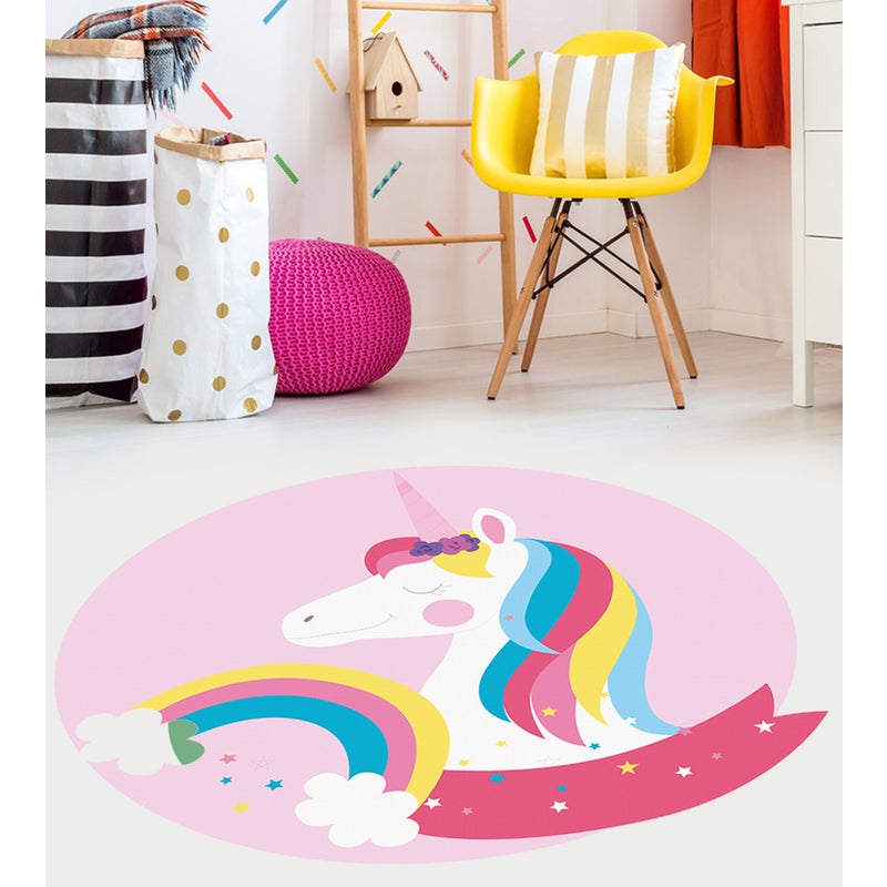 Dywan winylowy dla dzieci Tęczowy jednorożec [średnica] 100 cm - Antypoślizgowy PVC, winyl do pokoju dziecięcego, ognioodporny i zmywalny