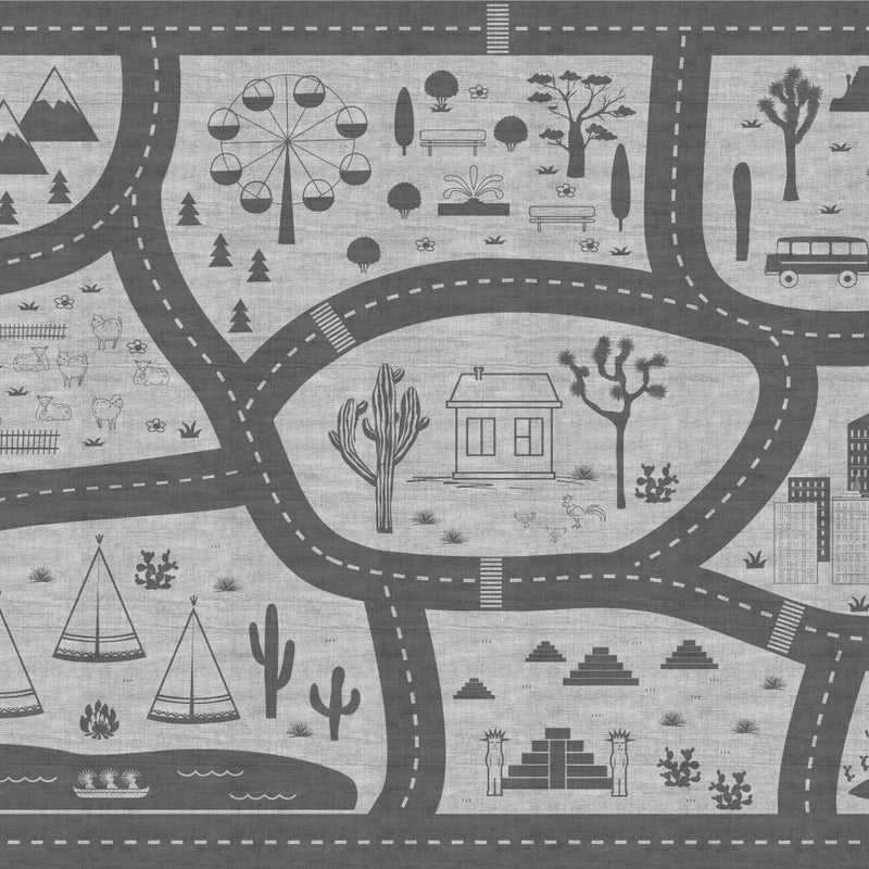 Winylowy dywan dziecięcy Road trip szary 100x150 cm - antypoślizgowy dywanik PVC do pokoju dziecięcego, ognioodporny i zmywalny