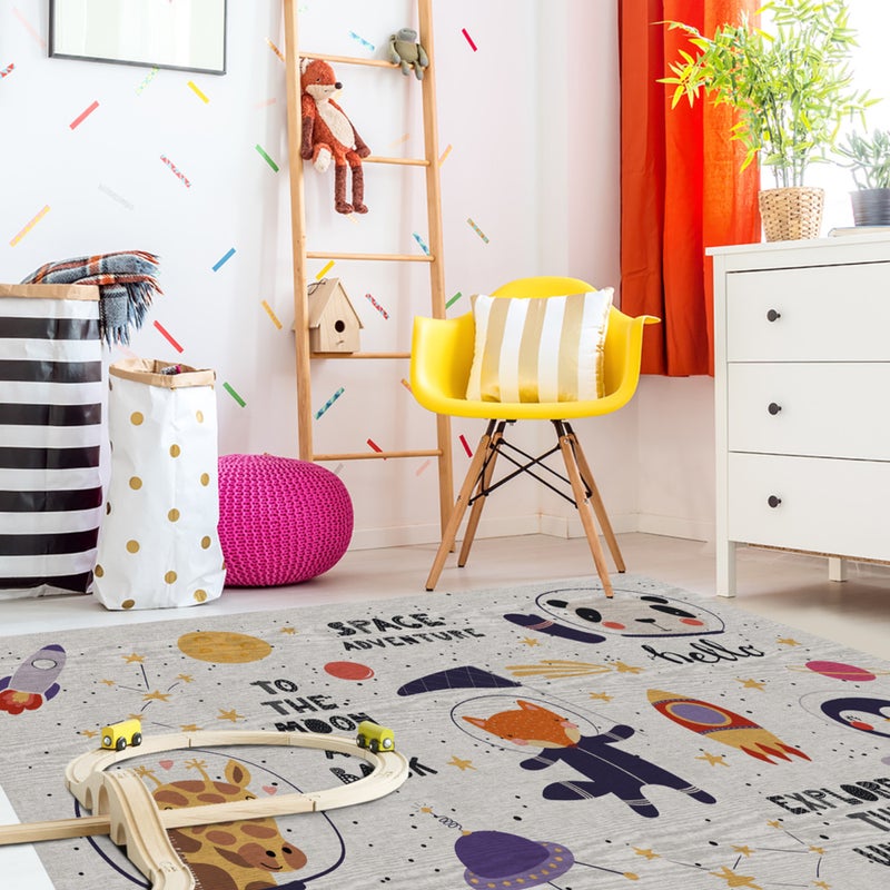 Dziecięcy dywan winylowy Space adventure 100x150 cm - PVC antypoślizgowy, winylowy do pokoju dziecięcego, ognioodporny i zmywalny