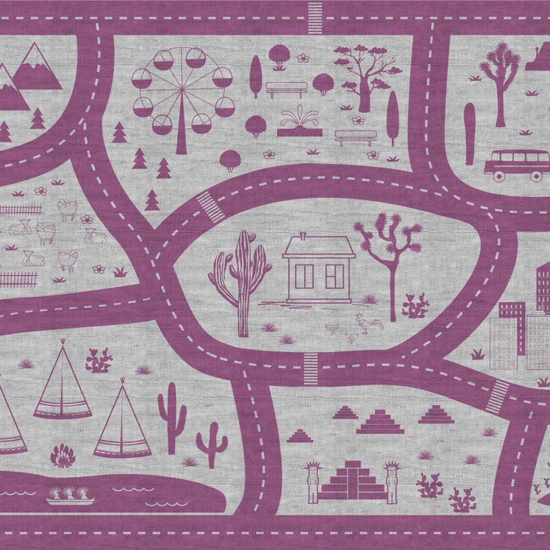 Dywan winylowy dla dzieci Road trip lavender 100x150 cm - antypoślizgowy dywanik PVC do pokoju dziecięcego, trudnopalny i zmywalny