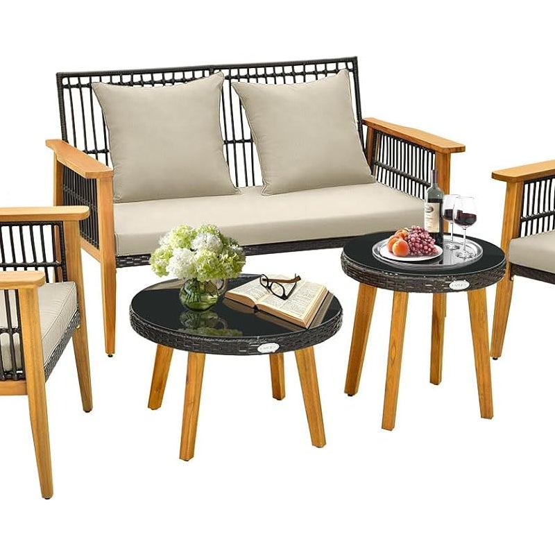 5-częściowy zestaw mebli ogrodowych z drewna akacjowego, ławka ogrodowa i 2 krzesła ogrodowe i 2 stoliki kawowe, poduszki na siedzisko i oparcie,