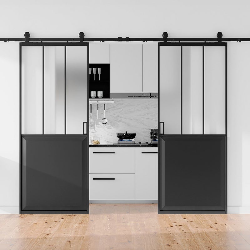 Drzwi przesuwne podwójne industrialne z szyną natynkową - Czarny i matowe szkło hartowane - 2 x wys. 205 x szer. 93 cm - ARTISTO II