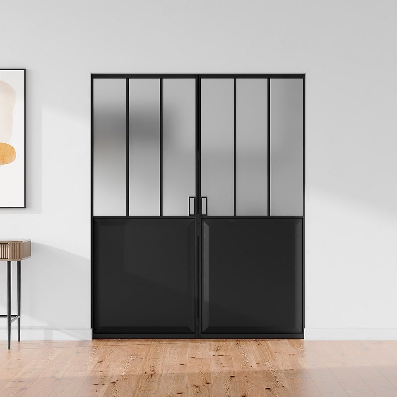 Drzwi przesuwne podwójne industrialne chowane w ścianie - Czarny i matowe szkło hartowane - 2 x wys. 205 x szer. 73 cm - ARTISTO II