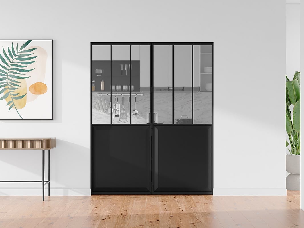 Drzwi przesuwne podwójne industrialne chowane w ścianie - Czarny i szkło hartowane - 2 x wys. 205 x szer. 83 cm - ARTISTO II