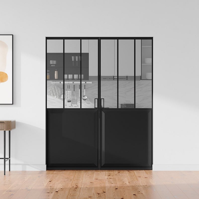 Drzwi przesuwne podwójne industrialne chowane w ścianie - Czarny i szkło hartowane - 2 x wys. 205 x szer. 63 cm - ARTISTO II