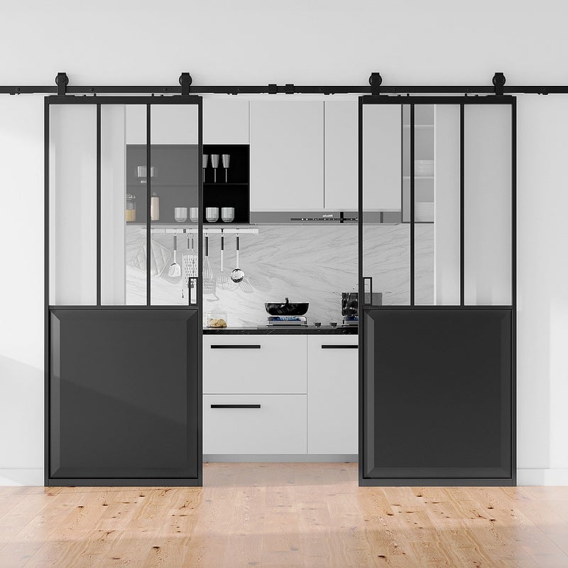 Drzwi przesuwne podwójne industrialne z szyną natynkową - Czarny i szkło hartowane - 2 x wys. 205 x szer. 83 cm - ARTISTO II