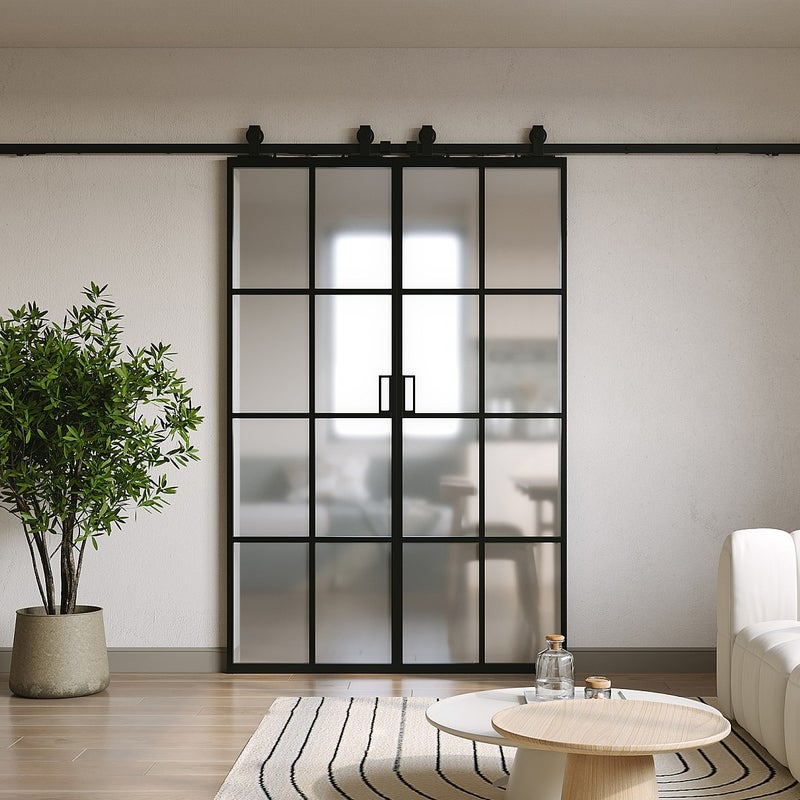 Drzwi przesuwne naścienne podwójne - aluminium i matowe szkło hartowane - 2 x wys. 205 x szer. 63 cm - WILDEN II