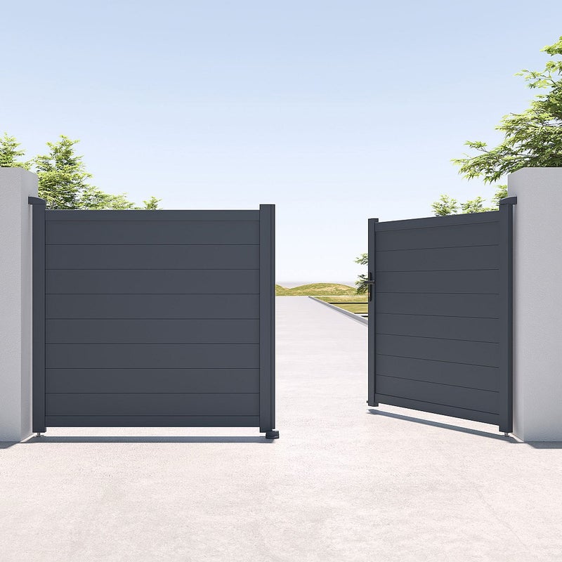 Brama rozwierna pełna z antracytowego aluminium szer. 305 x wys. 150 cm - NAZARIO