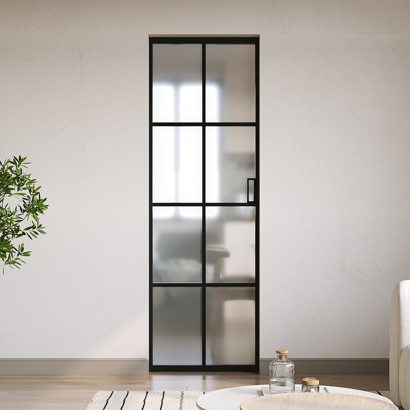 Drzwi przesuwne chowane w ścianie z aluminium i matowego szkła hartowanego - wys. 205 x szer. 63 cm - WILDEN II