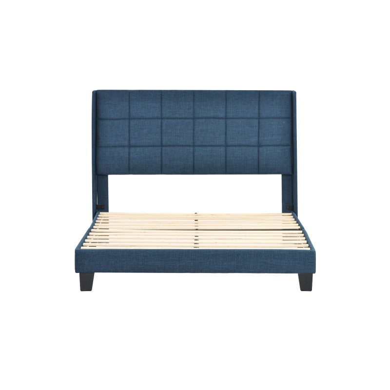 Łóżko dwuosobowe 140x200 cm z miękkim materacem, wygodnym zagłówkiem, tapicerowane niebieską tkaniną