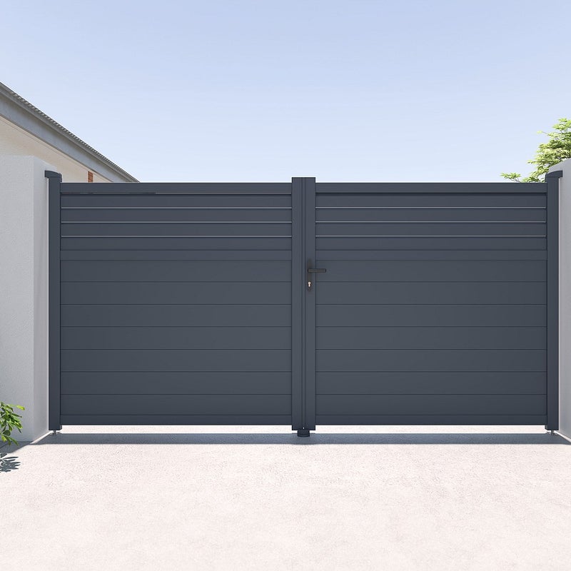 Brama elektryczna rozwierna żaluzjowa z antracytowego aluminium szer. 355 x wys. 181 cm - VIAZO