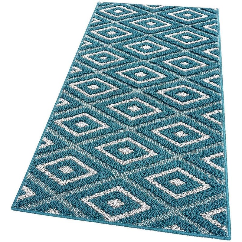 Dywan Kuchenny 50x80 cm Antypoślizgowa 100% Made in Italy Zmywalny Nowoczesny Trójwymiarowe Romby Niebieski