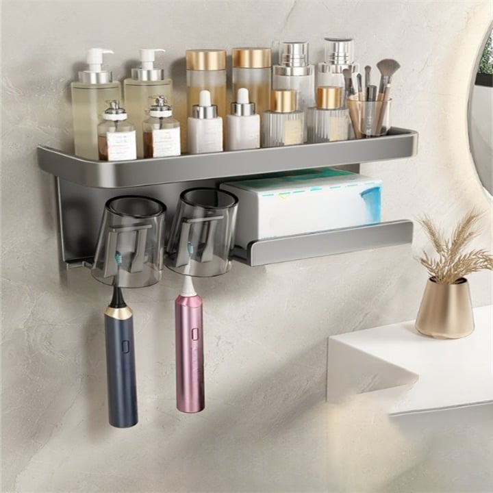 Półka ścienna do łazienki ze stali nierdzewnej w kolorze szarym, wieszak na ręczniki i uchwyt na szczoteczkę do zębów bez wiercenia, 36×11×12 cm