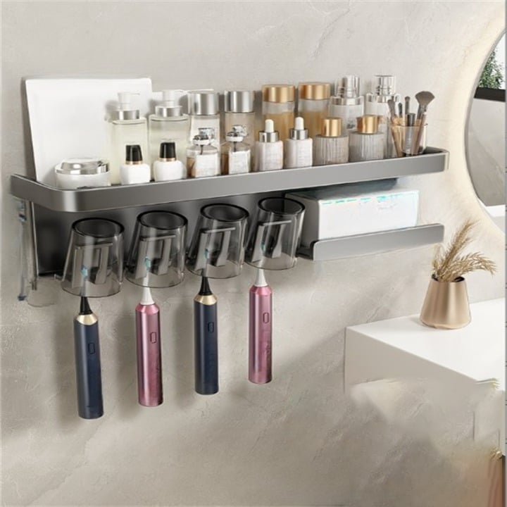 Półka ścienna do łazienki ze stali nierdzewnej w kolorze szarym, uchwyt na kubek, wieszak na ręczniki i szczotkę bez wiercenia 52×11×12 cm