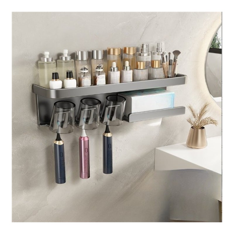 Szara, stal nierdzewna, montowana na ścianie, półka łazienkowa, uchwyt na kubek, wieszak na ręczniki i szczoteczkę do zębów – nie wymaga wiercenia