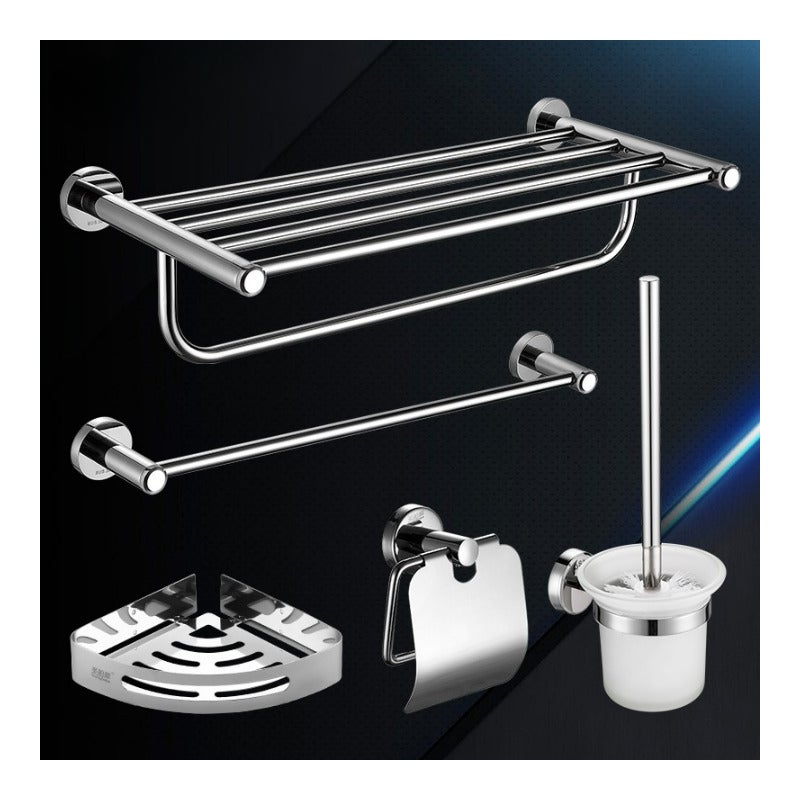 Zestaw 5 akcesoriów łazienkowych, uchwyt na rolkę, wieszak i drążek na ręczniki, wieszak na ręczniki papierowe, półka