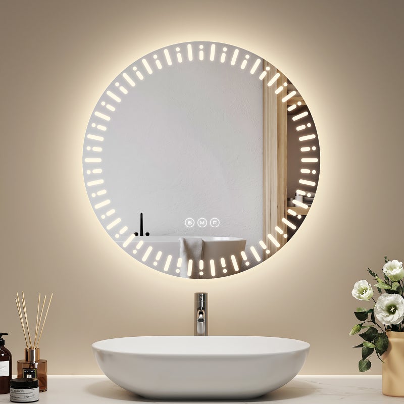 EMKE Okrągłe Lustro z wbudowanym oświetleniem 50 cm, z 3 barwy światła, możliwość ściemniania, przeciwmgielne, funkcja pamięci