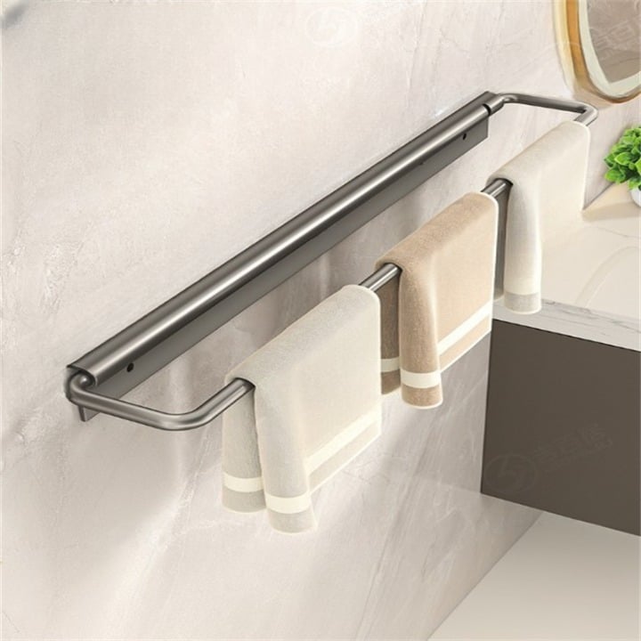 Wieszak na ręczniki łazienkowe, uchwyt na ręczniki, drążek na ręczniki, bez wiercenia, montowany na ścianie, składany, 60×4,7×6,5 cm - szary