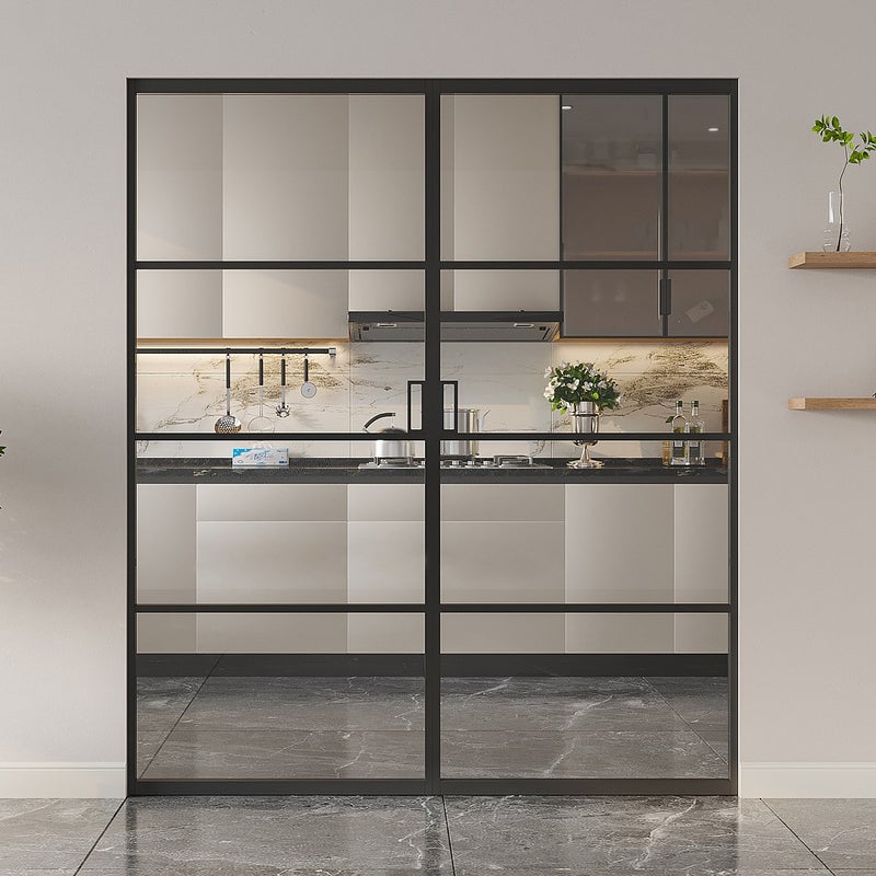 Drzwi przesuwne podwójne chowane w ścianie - aluminium i przezroczyste szkło hartowane - 2 x wys. 205 x szer. 93 cm - SINCA II