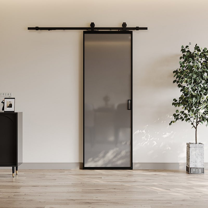 Drzwi przesuwne naścienne - aluminium i dymione szkło hartowane - wys. 205 x szer. 93 cm - LINCI II