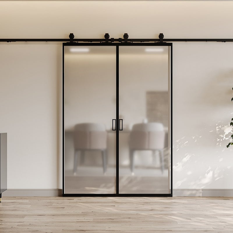 Drzwi przesuwne naścienne podwójne - aluminium i matowe szkło hartowane - 2 x wys. 205 x szer. 93 cm - LINCI II