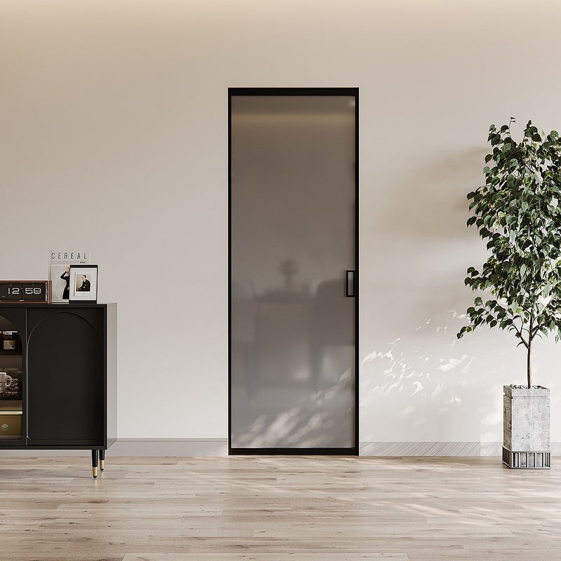 Drzwi przesuwne chowane w ścianie - aluminium i dymione szkło hartowane - wys. 205 x szer. 93 cm - LINCI II