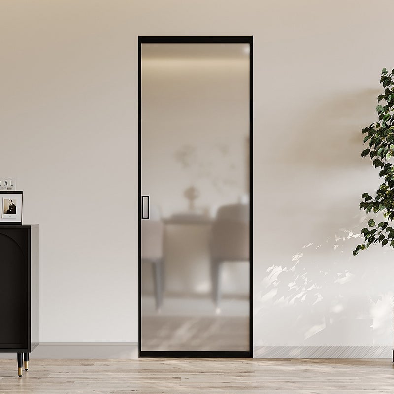 Drzwi przesuwne chowane w ścianie - aluminium i matowe szkło hartowane - wys. 205 x szer. 93 cm - LINCI II