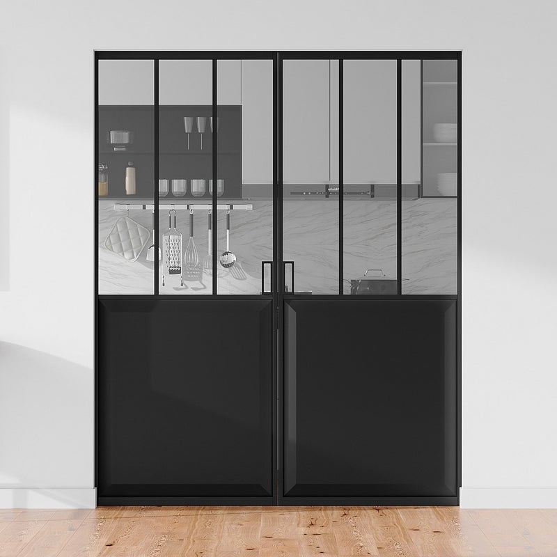 Drzwi przesuwne podwójne industrialne chowane w ścianie - Czarny i szkło hartowane - 2 x wys. 205 x szer. 93 cm - ARTISTO II