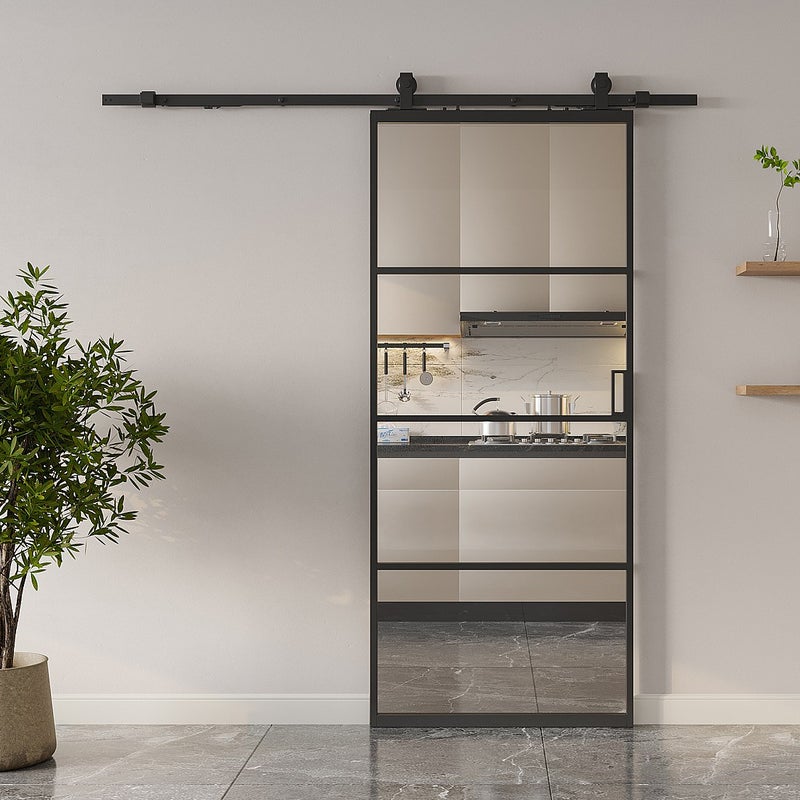 Drzwi przesuwne naścienne - aluminium i przezroczyste szkło hartowane - wys. 205 x szer. 93 cm - SINCA II
