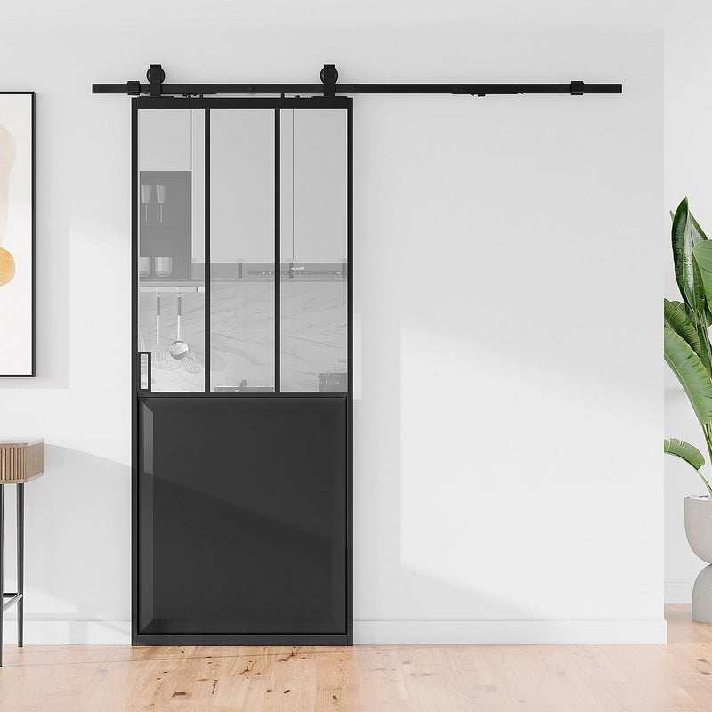 Drzwi przesuwne industrialne naścienne - Czarny i szkło hartowane - wys. 205 cm x szer. 93 cm - ARTISTO II