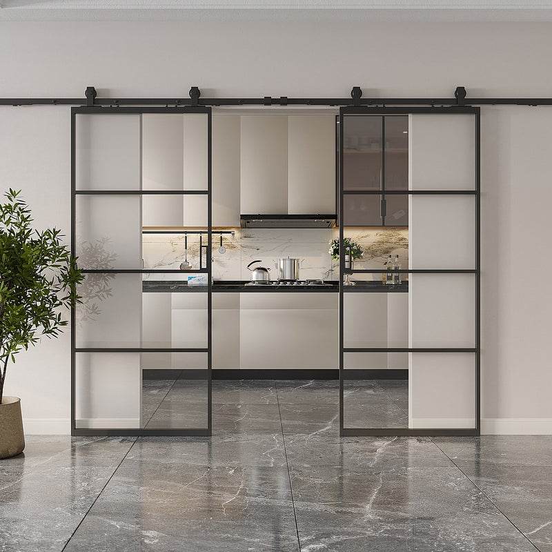 Drzwi przesuwne naścienne podwójne - aluminium i przezroczyste szkło hartowane - 2 x wys. 205 x szer. 93 cm - SINCA II