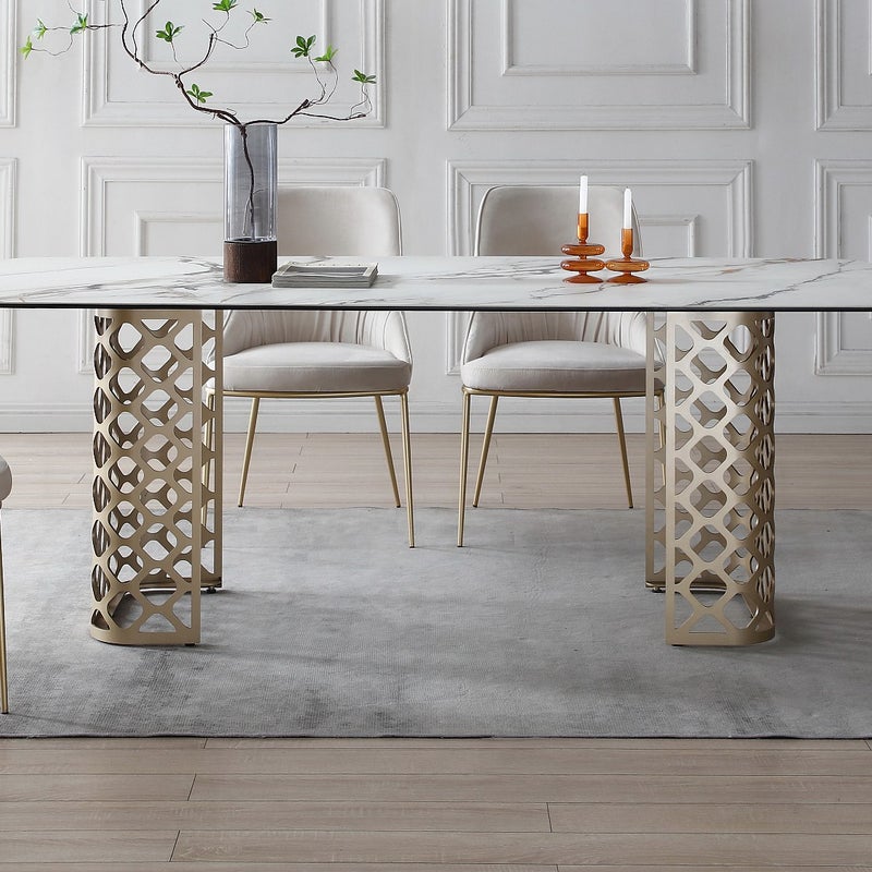 Stół do jadalni dla 8 osób ze szkła hartowanego i ceramiki - Efekt białego marmuru i złoty - GOLDENA