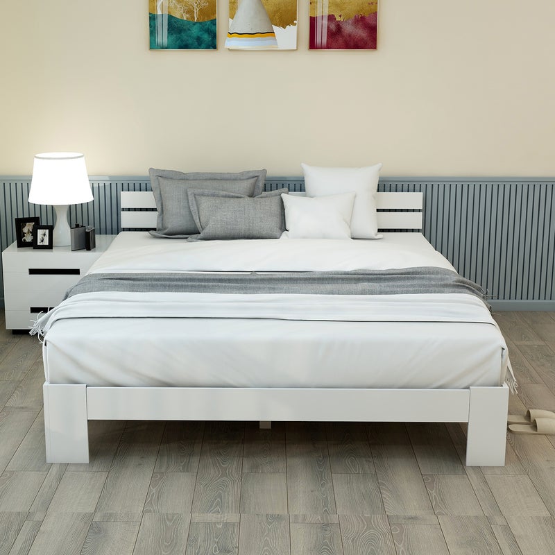Łóżko podwójne z litego drewna sosnowego 200 x 140 cm z wezgłowiem i podstawą z listew - białe