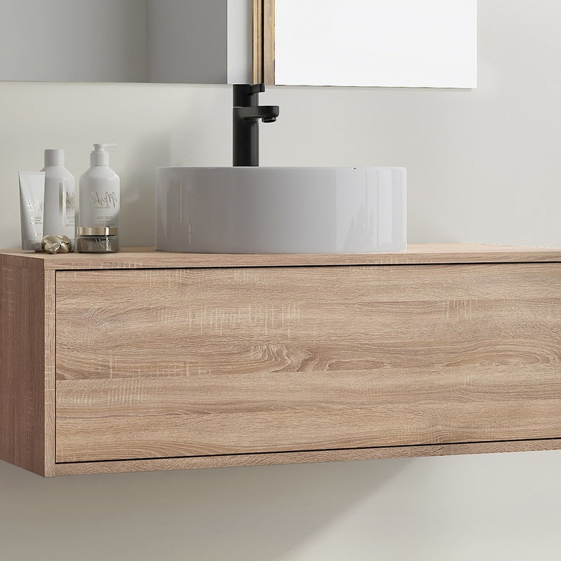 Szafka łazienkowa wisząca naturalna jasna z okrągłą umywalką - 94 cm - TEANA II