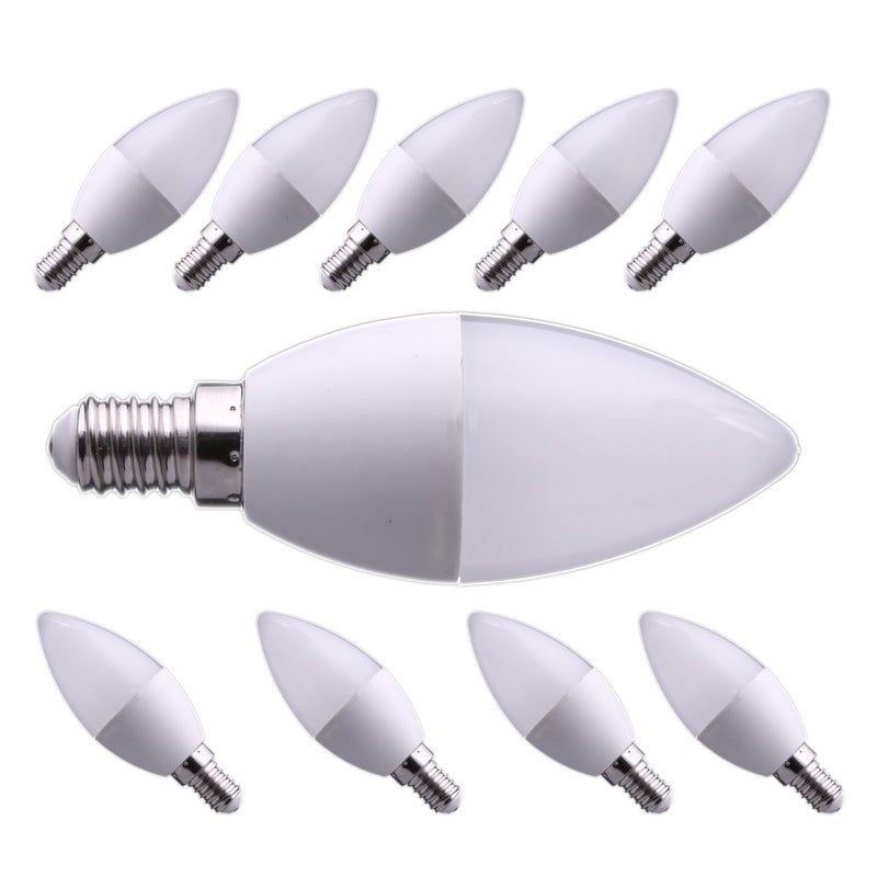 Zestaw 10x żarówka LED E14, cienkie gniazdo, żarówka świecowa, C37, 4W, przysłona 330º (chłodna biel 6000K)