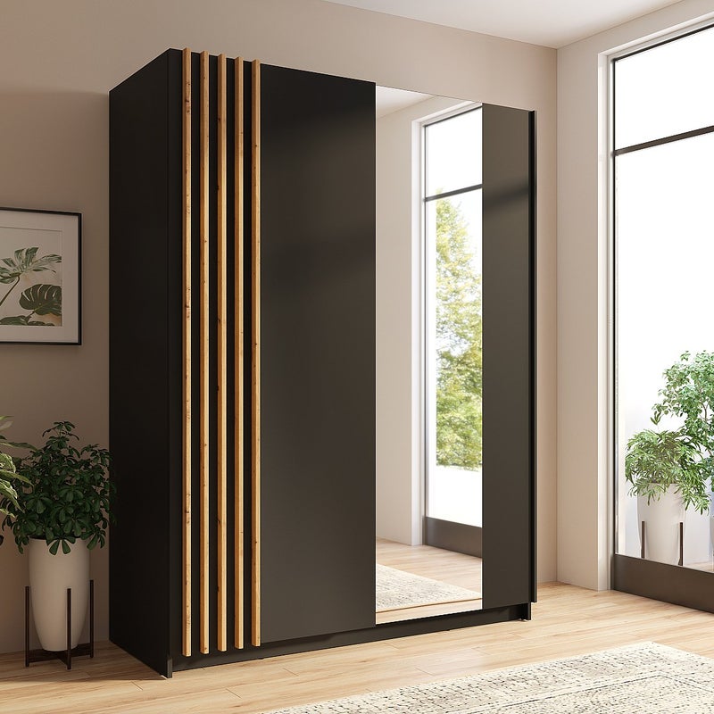 Szafa 2-drzwiowa przesuwna – Lustro – dł. 200 cm – Czarna i naturalna – CALELA