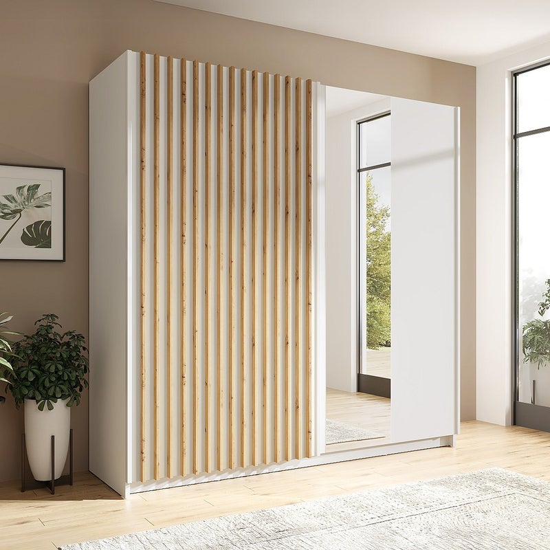 Szafa 2-drzwiowa przesuwna – Lustro – dł. 200 cm – Biała i naturalna – TINDANIA