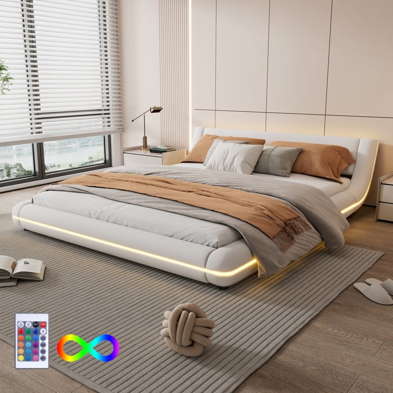 Łóżko podwójne 160 x 200 cm - Łóżko podłogowe - Skóra ekologiczna - Oświetlenie ambientowe LED z pilotem - Białe