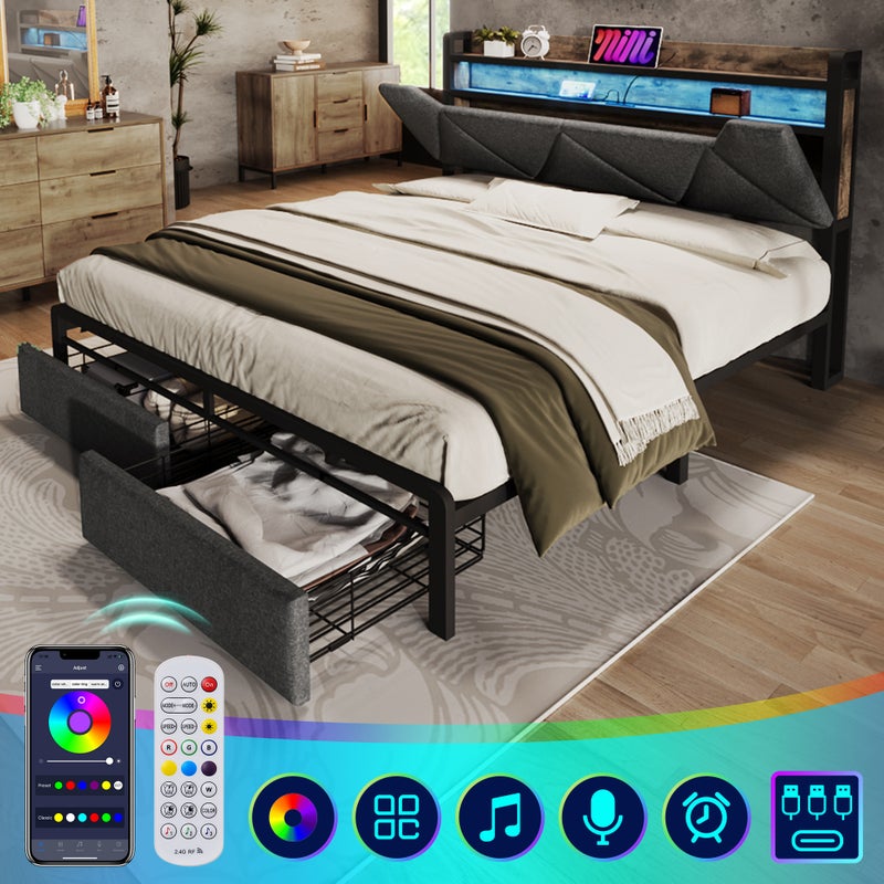 Łóżko dla dorosłych 160 x 200 cm z szufladami i schowkiem na pościel w zagłówku - USB + Typ C + LED - Len - Szary