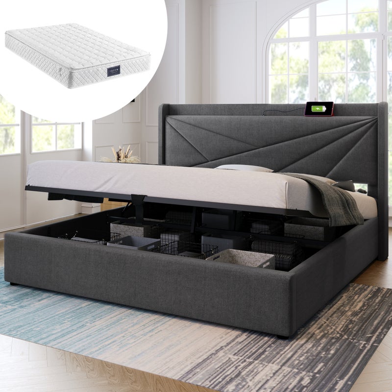 Łóżko z pojemnikiem 160 x 200 cm z zagłówkiem - USB + typ C - Tkanina lniana - szara + Materac